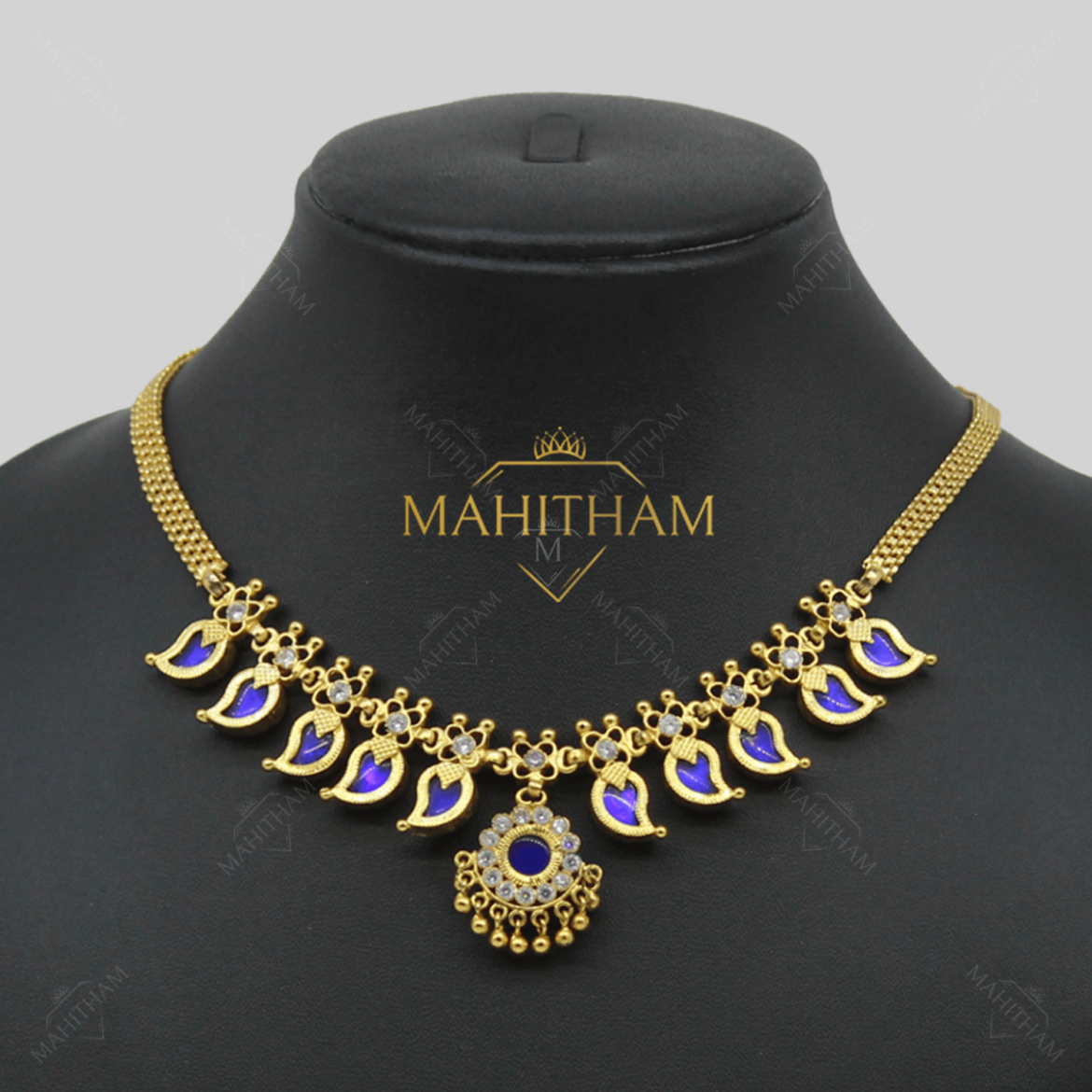 Blue Palakka One Gram Gold Mango Necklace with White AD Stone MG-987