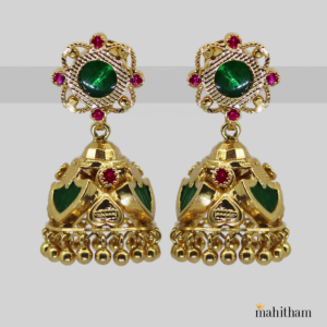 Green Palakka Jhumka with Ruby Red Stones - Medium Size