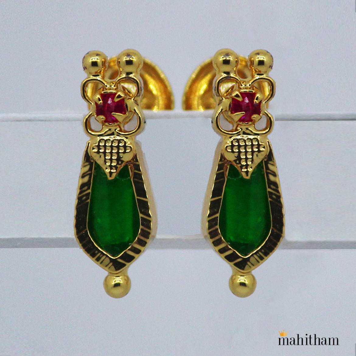 Green Palakka Nagapadam One Gram Gold Ear Studs With Ruby Red Stone MG-1044