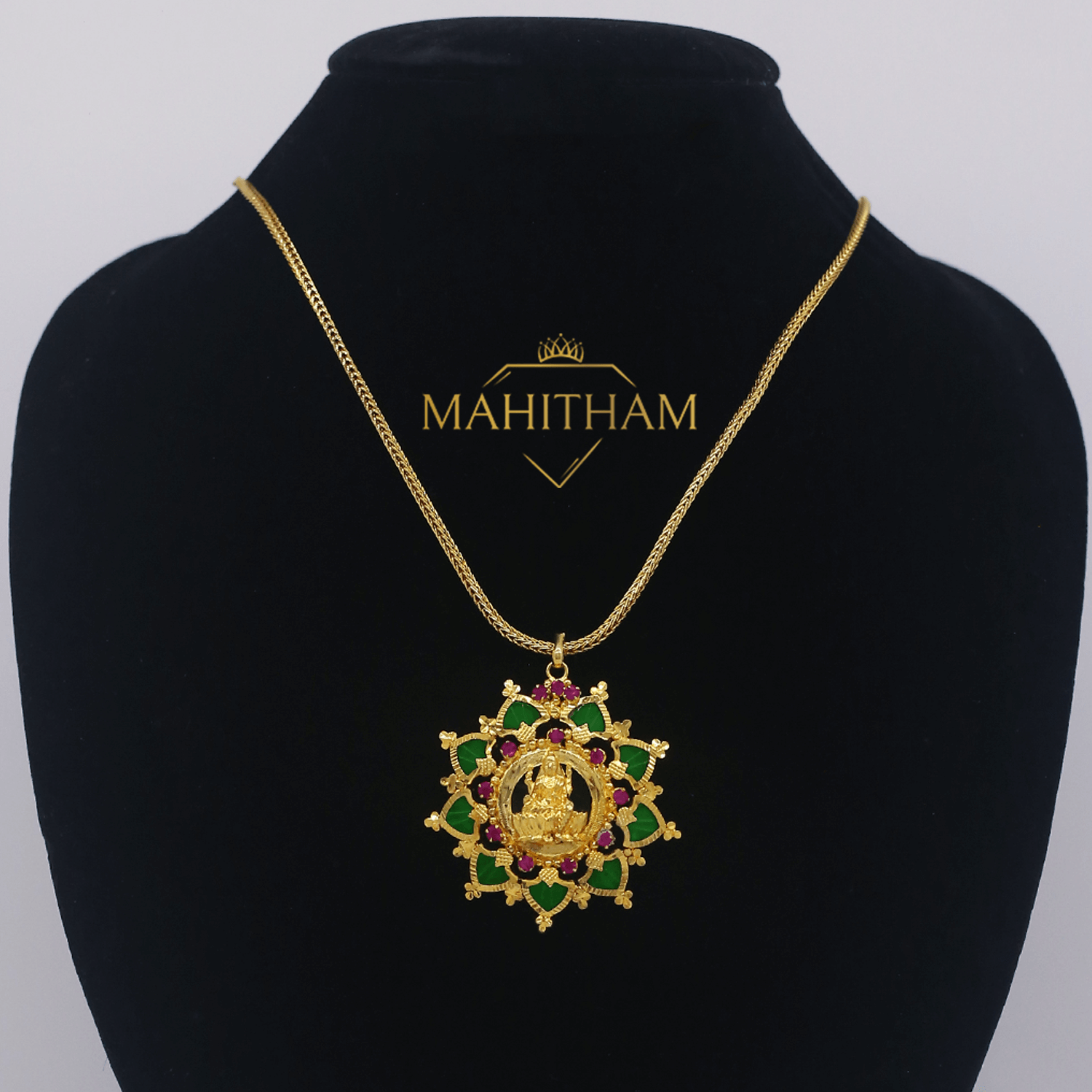 Green Palakka Lakshmi One Gram Gold Locket with Ruby Red Stones MG 1030 Mahitham Jewellery
