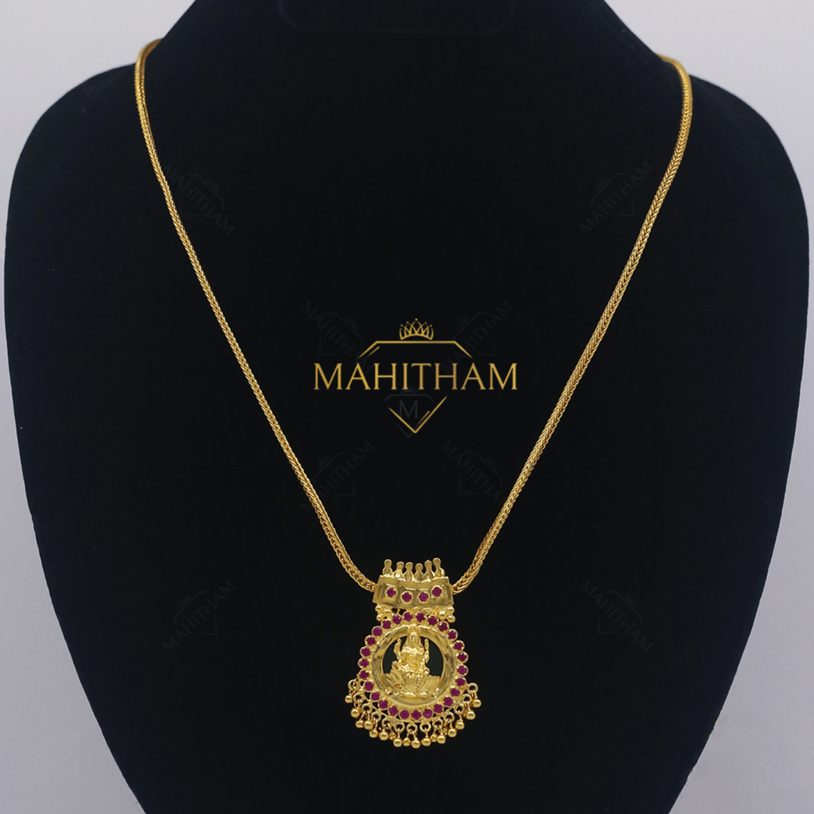 One Gram Gold Ruby Stone Lakshmi Pendant with Hanging Balls MG-1006