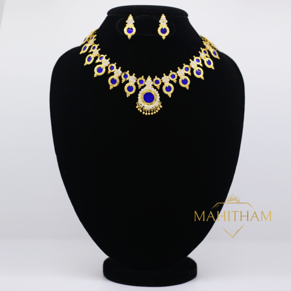 Blue Mahima necklace with Ear Studs. It is a traditional palakka south Indian one gram gold jewellery