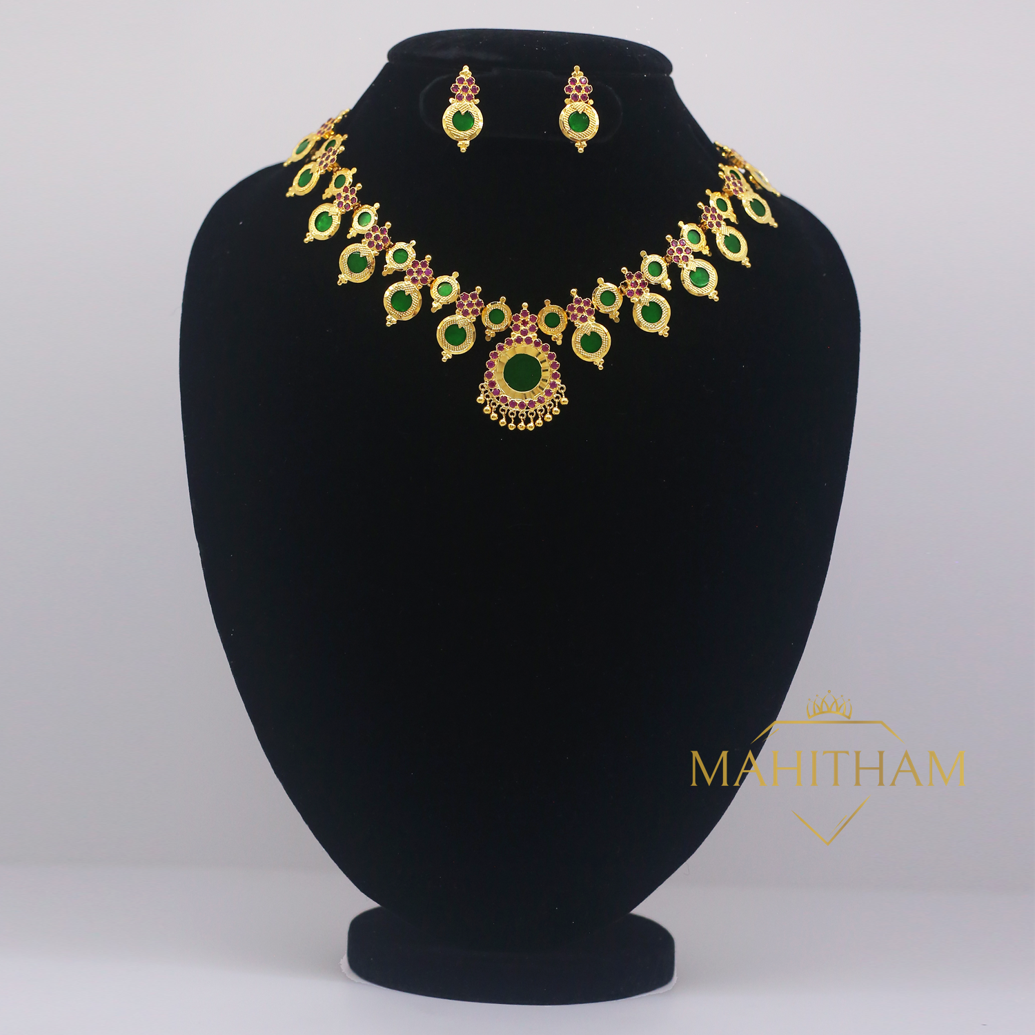 Green Mahima One Gram Gold Necklace with Ruby Red Stones Set MG 1052 Mahitham Jewellery