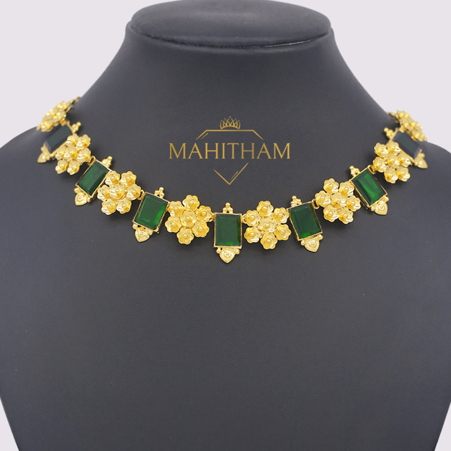 Golden Kundan Necklace Set with Green Pearls - ACCDL1585 from...