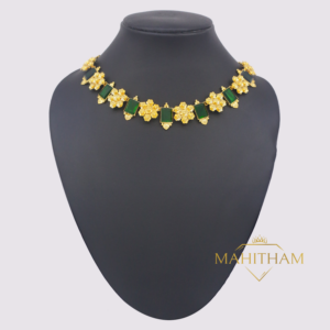 Green Square Stone Flower Choker Necklace is a modern south Indian one gram gold plated jewellery for women