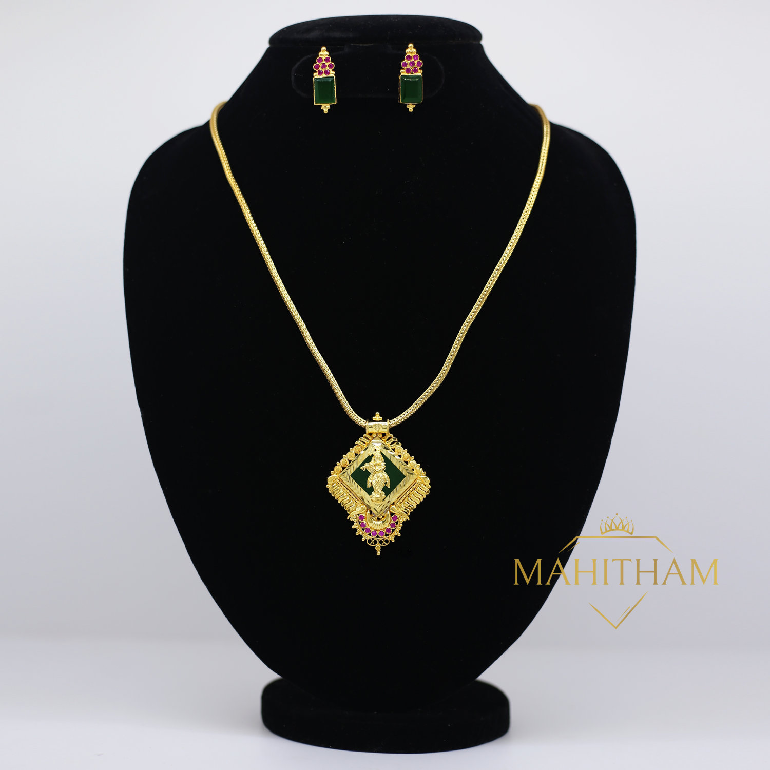 Premium Palakka Krishna Locket With Long Chain And ear Drops Set is a simple South Indian one gram gold plated jewellery for women