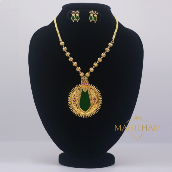 Traditional Big Nagapadam Green Locket With Balls Chain And Ear Studs Set is a South Indian one gram gold plated jewellery