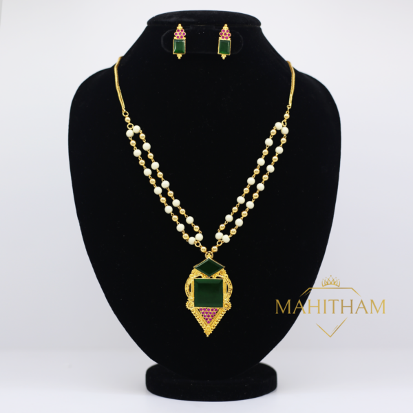 Traditional Devika Locket With Double BallsChian And Ear Studs Set is a hand crafted South Indian one gram gold plated Jewellery
