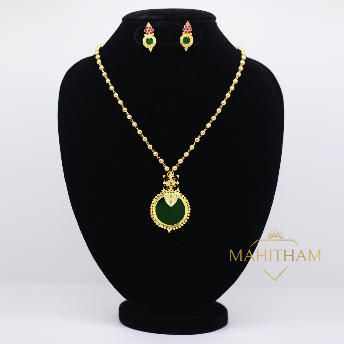 One Gram Gold Traditional Green Palakka Lokitha Balls Chain & Ear Studs Set MG-999