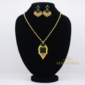 Traditional Palakka Devika Locket With long Balls Chain And Ear Drops Set is a handcrafted South Indain one gram gold jewellery for women