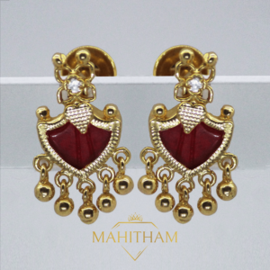 Red Palakka Ear Stud With Ad Stone And Hanging Balls