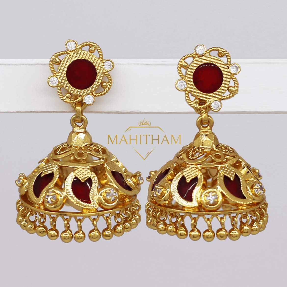 Red Palakka One Gram Gold Mango Earing with White AD Stones MG-1073
