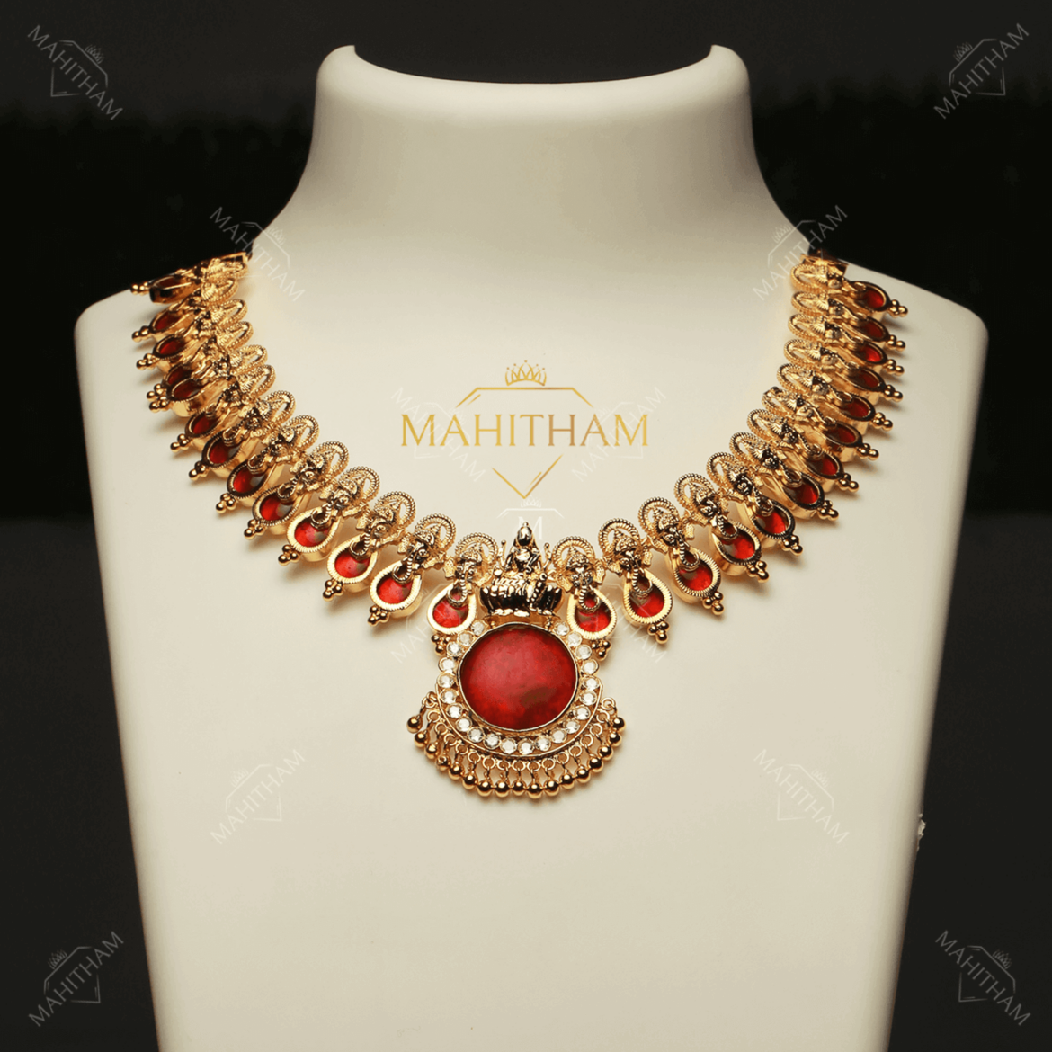Designer Palakka Ganesha One Gram Gold Necklace with Lakshmi Pendant (Red) MG-950