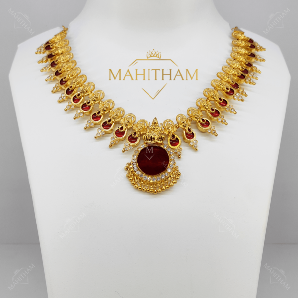 Designer Palakka Ganesha Necklace with Lakshmi Pendant (Red)