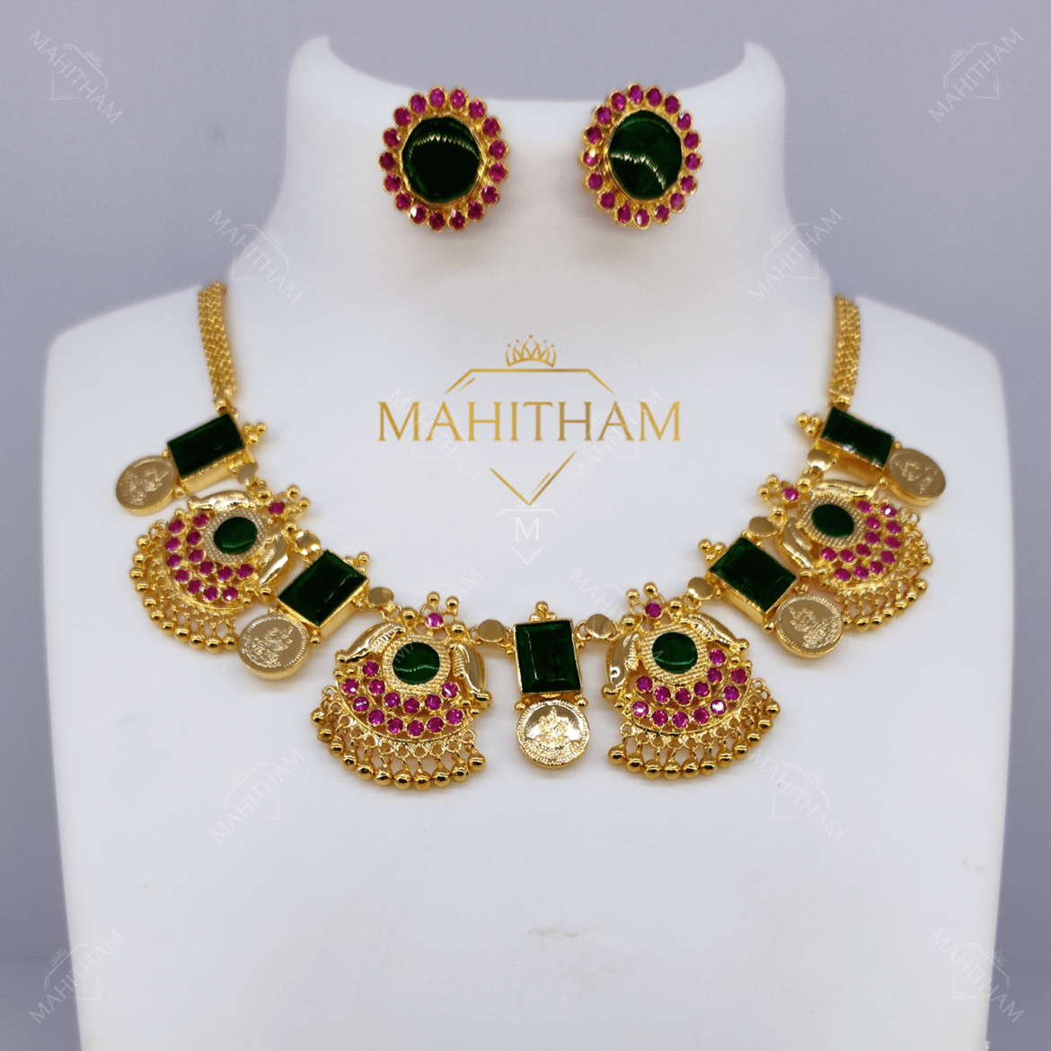 Aadishree Green Palakka One Gram Gold Designer Necklace with Ear Stud Set MG-1092