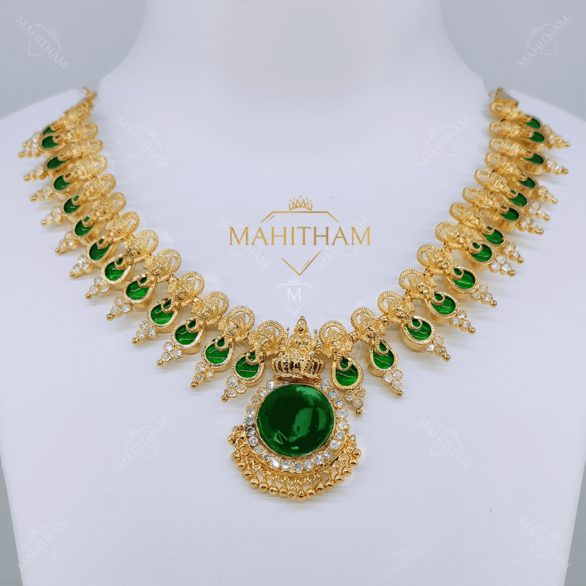 Designer Palakka Ganesha One Gram Gold Necklace with Lakshmi Pendant (Green) MG-1104