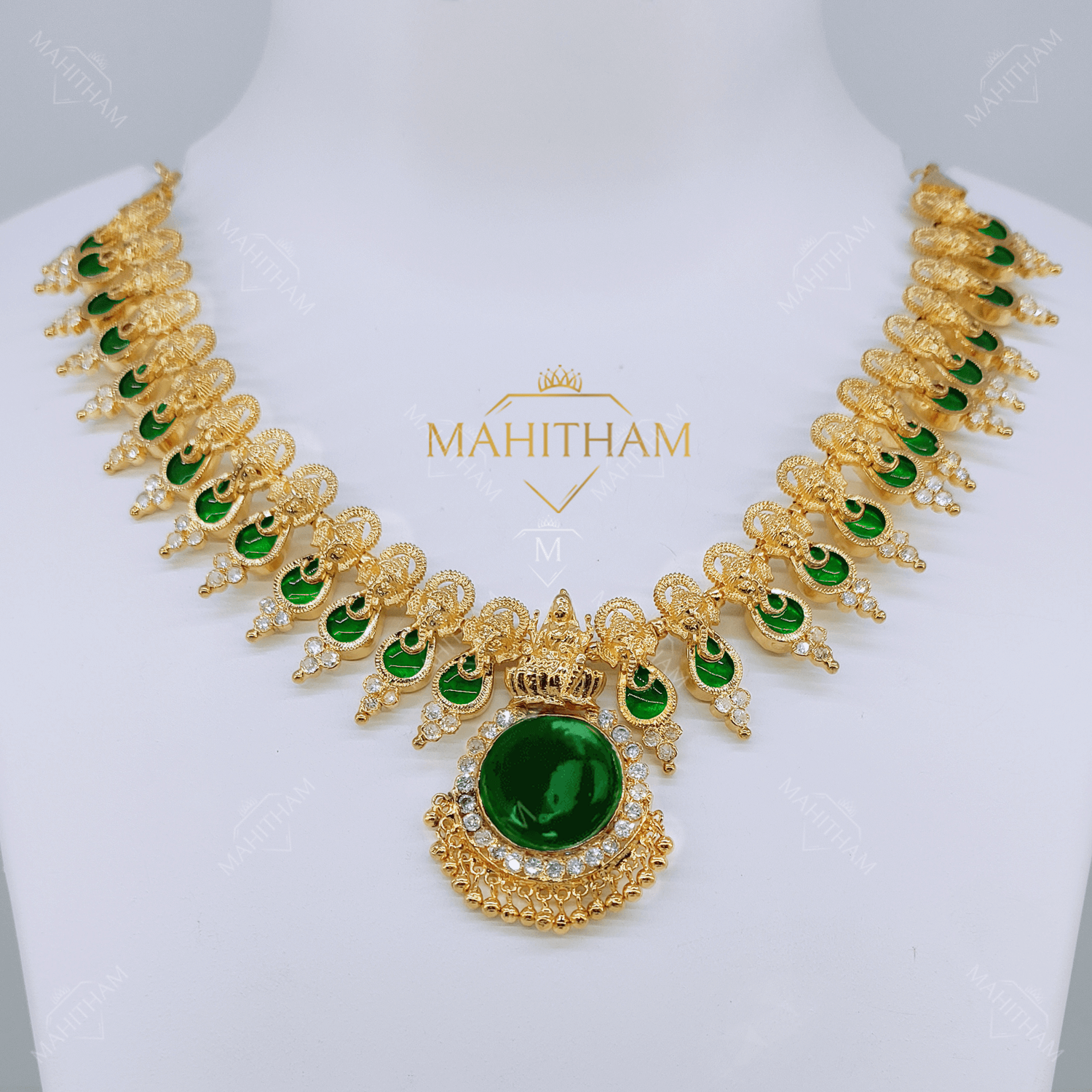 Designer Palakka Ganesha Necklace with Lakshmi Pendant (Green)