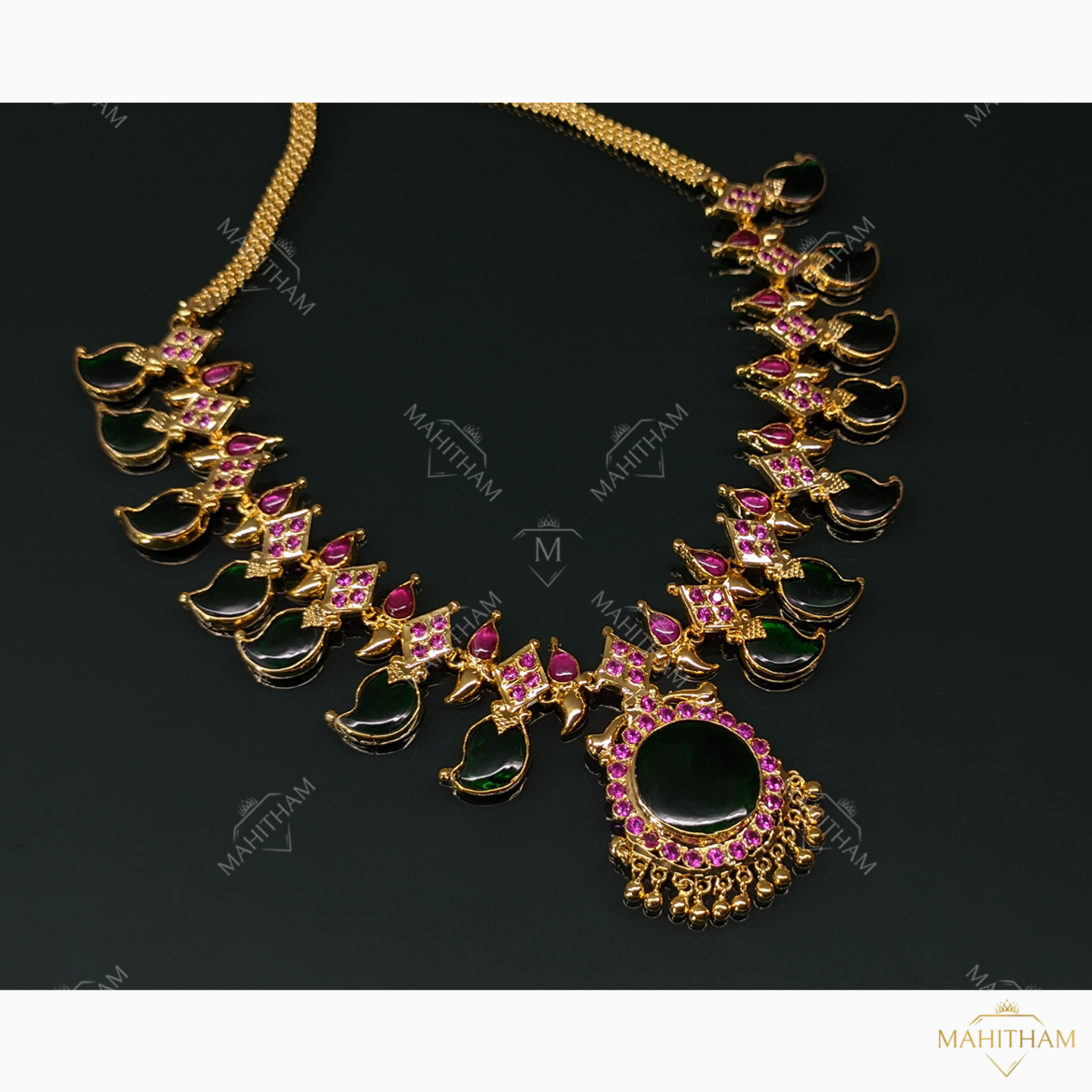 Designer Green Palakka One Gram Gold Mango Necklace with Ruby Red Stones MG-913