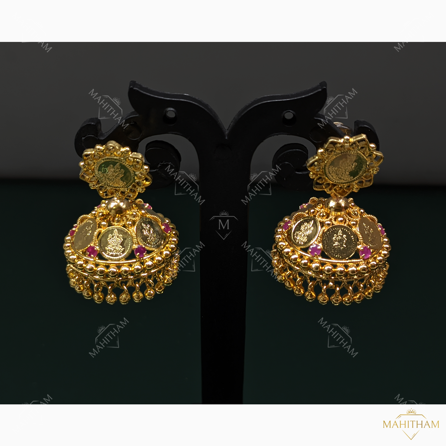Lakshmi One Gram Gold Coin Jhumka with Ruby Red Stones Medium MG