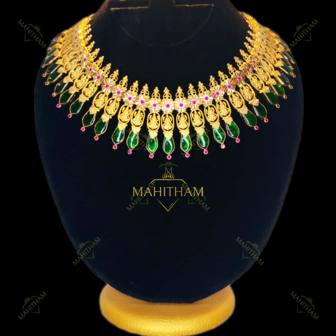 Designer Lakshmi Green Nagapadam One Gram Gold Necklace with Ruby Red Stones MG-910