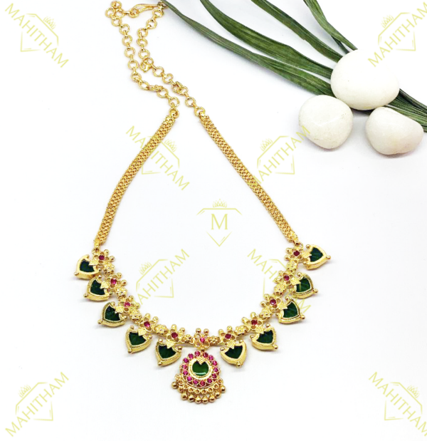 Traditional Palakka green stone necklace with Ruby red stone