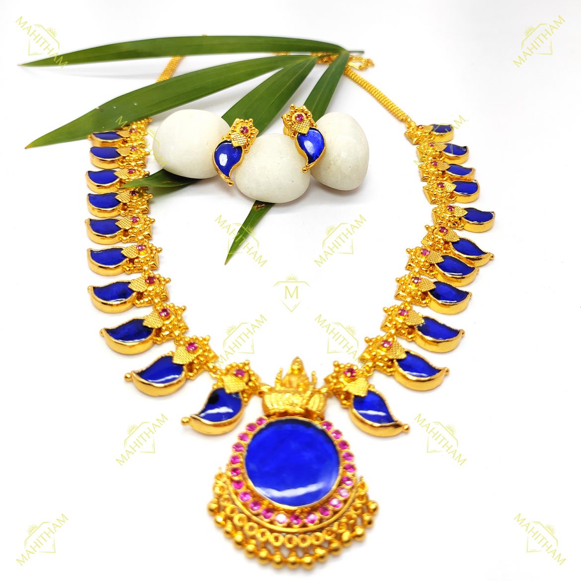 One Gram Gold Blue Palakka Mango Lakshmi Pendant Necklace with Ear stud MG-1153