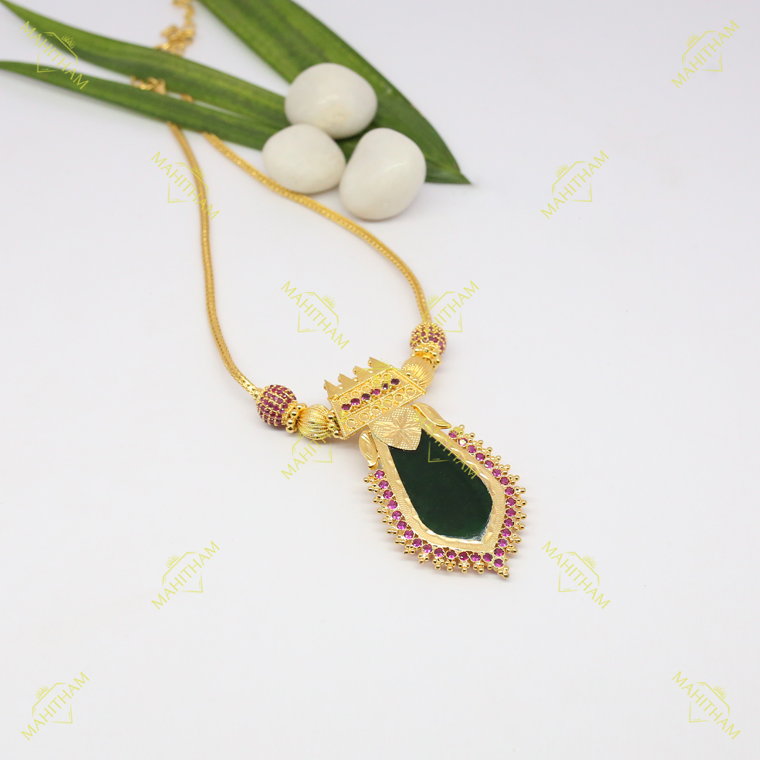 One Gram Gold Green Nagapadam Pendant with Ruby Red Stone Chain MG 1141 Mahitham Jewellery
