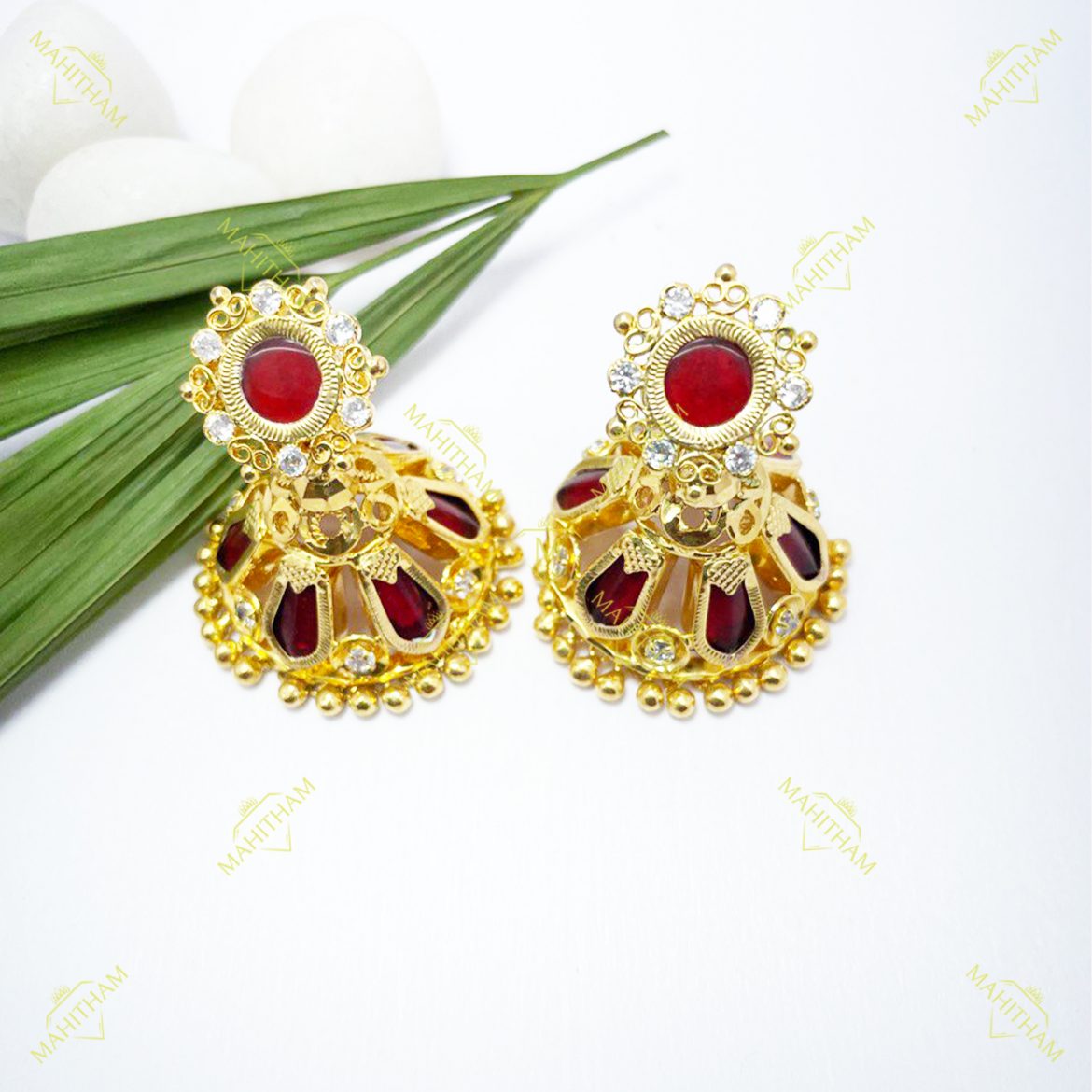 Red Palakka One Gram Gold Jhumka with White AD Stones MG-1149