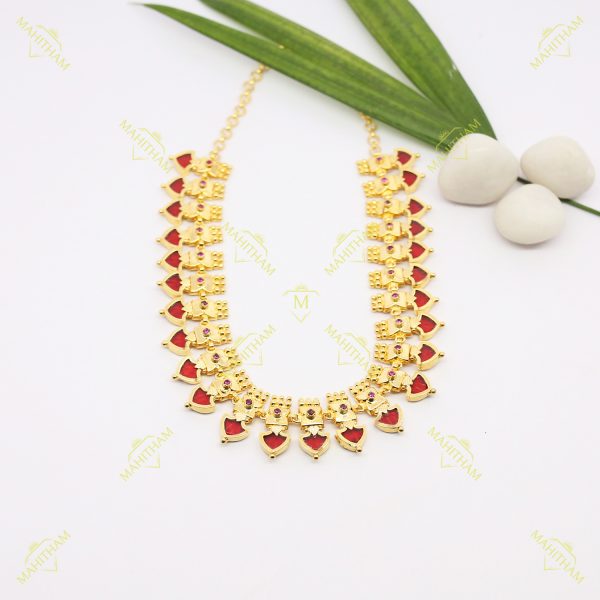 Kerala Traditional One gram gold red glass stone necklace