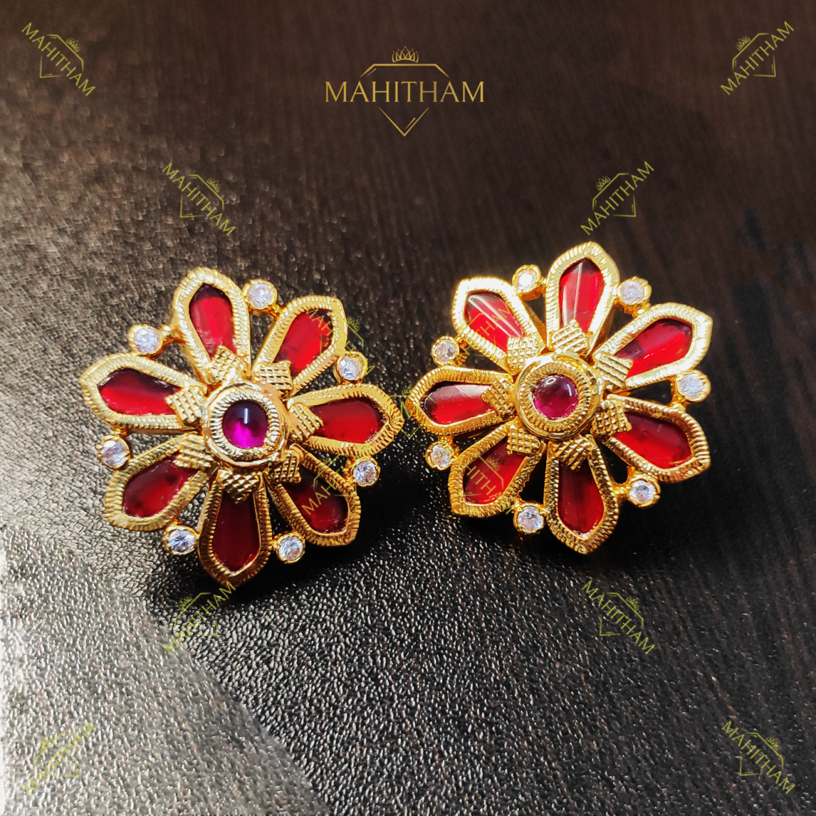 Red Nagapadam Ear Stud With White Stones MG-2002