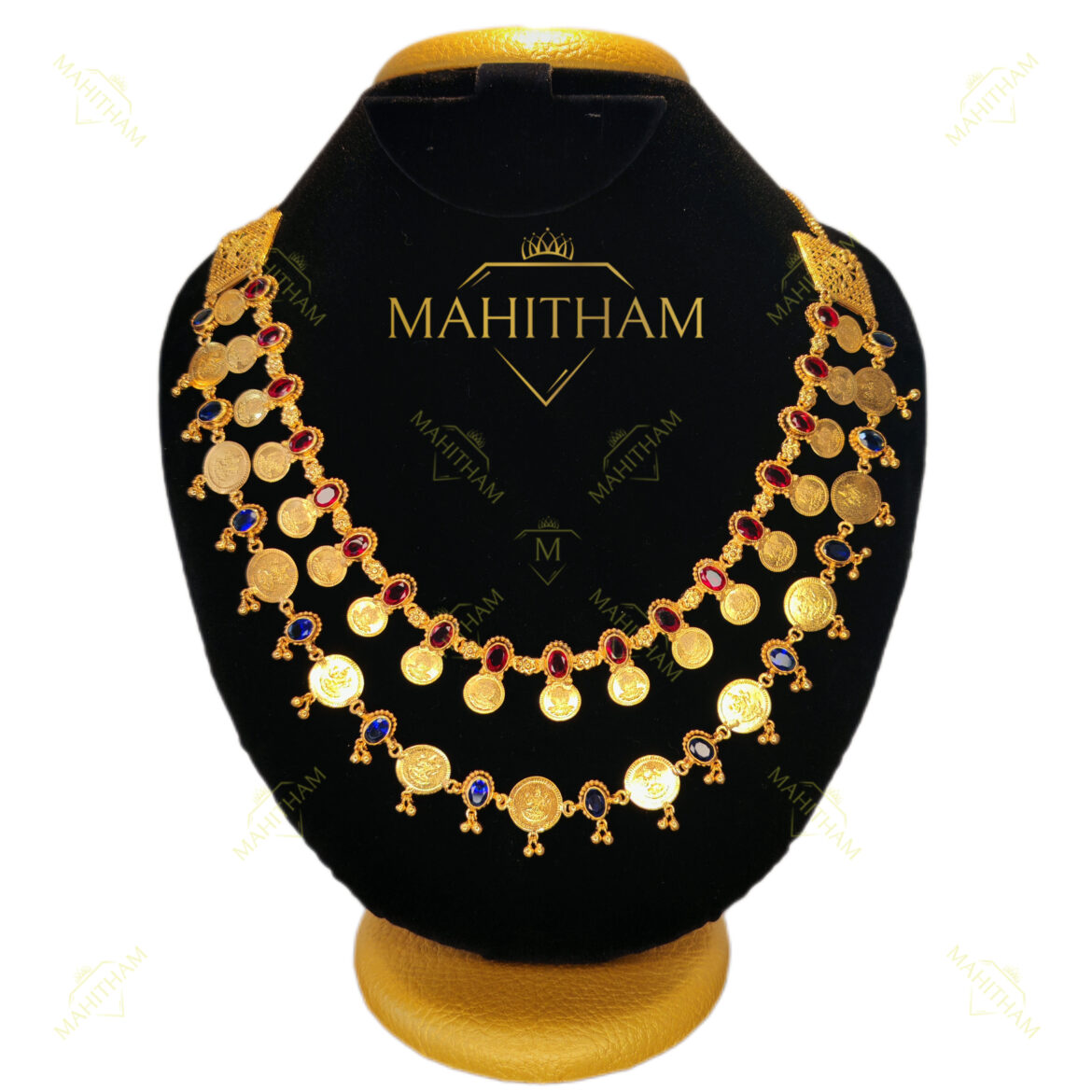 Mahitham Special Double Layer AD Blue & Red Stone with Lakshmi Coin Necklace MG-2042