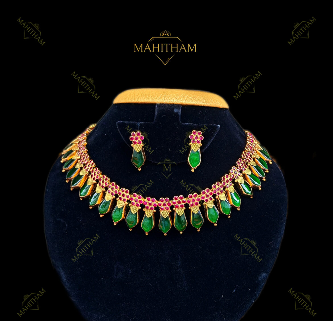 Mahitham Ruby Flower with Green Glass Stone Nagapadam Choker Necklace MG-2056