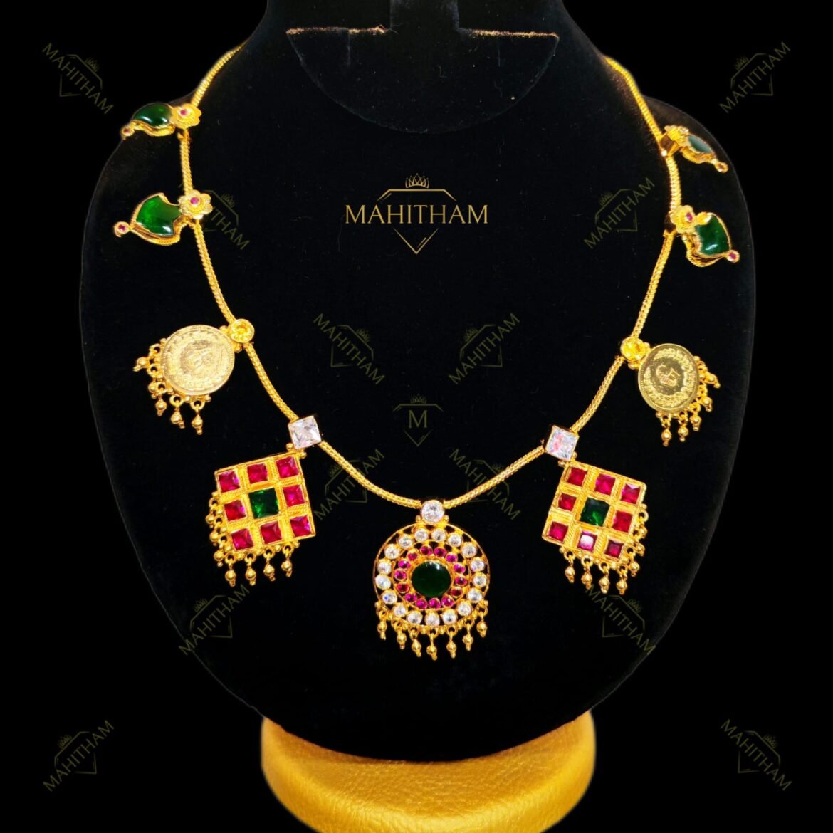 Mahitham Arya Necklace MG-2067 – Traditional Palakka, Mango & Coin Design with AD Stones