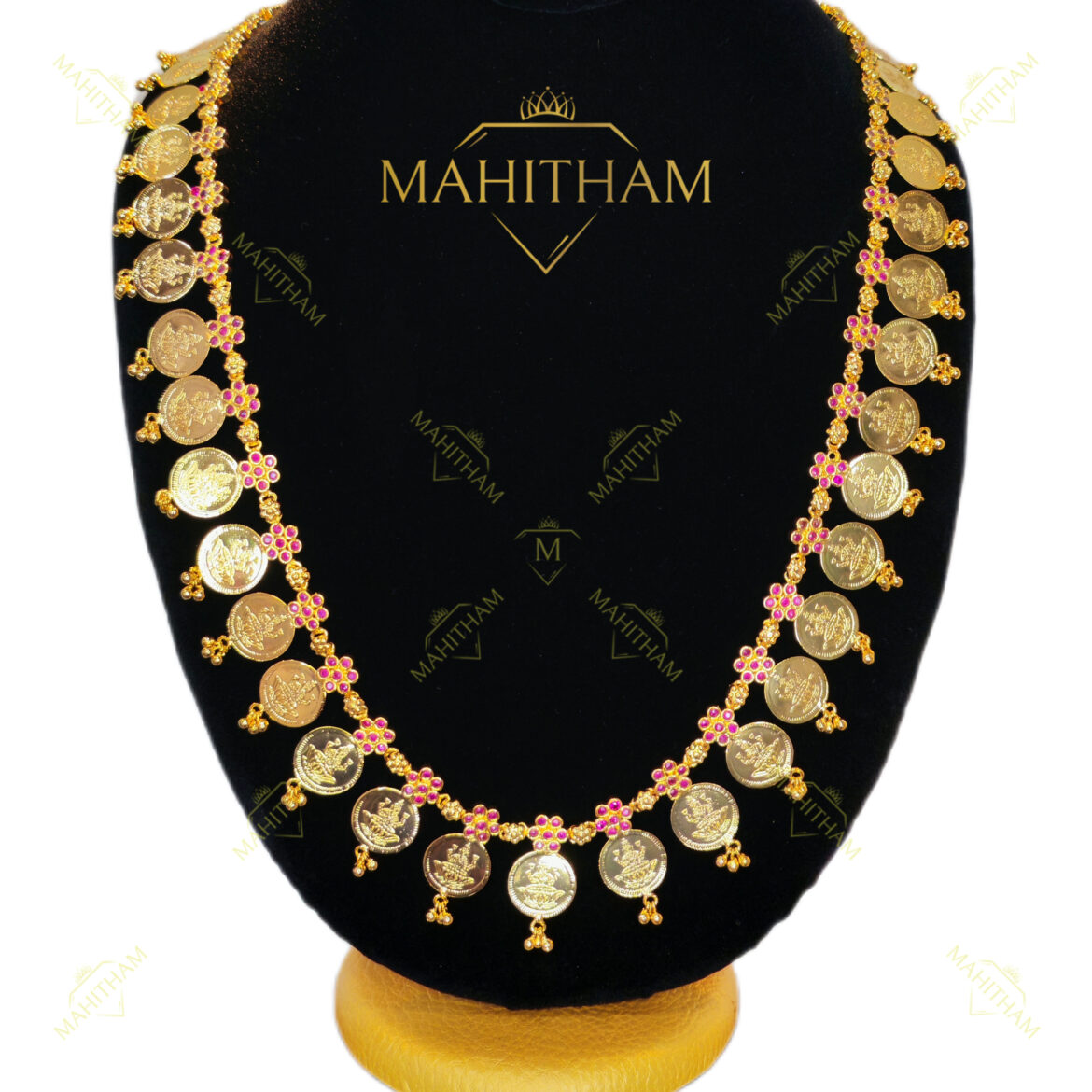 Mahitham Long Lakshmi Coin Haram with Ruby Flower Design MG-2058