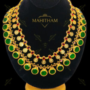 Double Layer Lakshmi Coin Necklace with Red and Green Stones by Mahitham