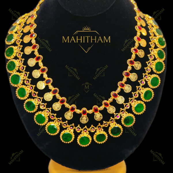 Double Layer Lakshmi Coin Necklace with Red and Green Stones by Mahitham