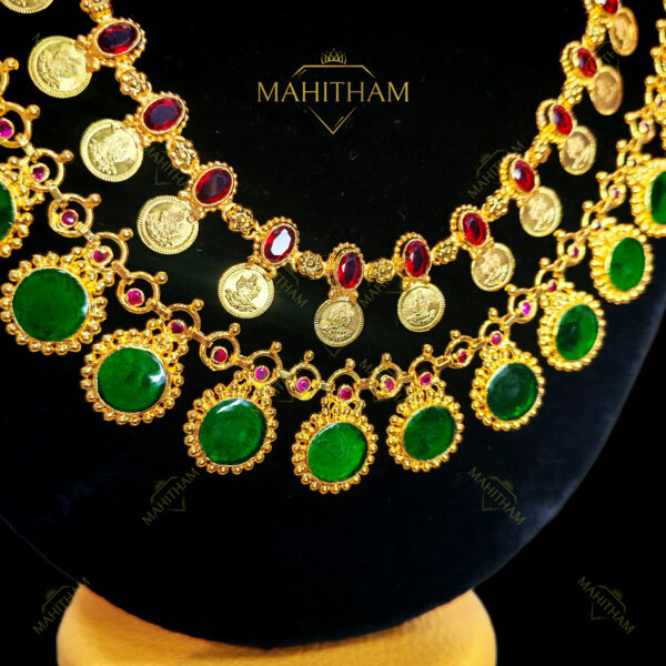 Double Layer Lakshmi Coin Necklace with Red and Green Stones by Mahitham