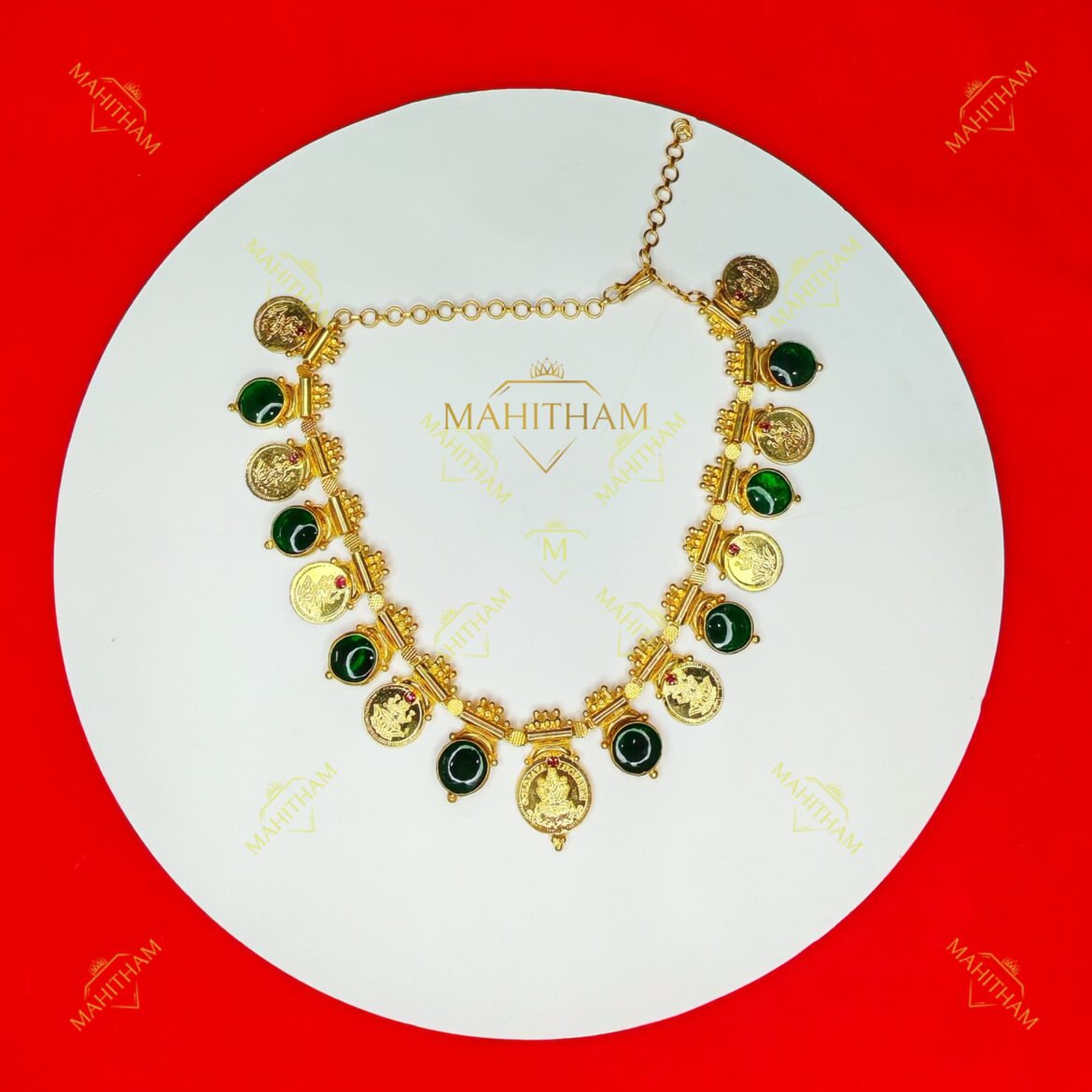Mahitham Green Glass Stone and Coin Short Necklace MG-2073