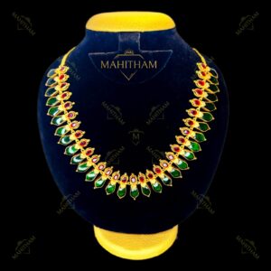 Green Nagapadam Necklace with Red AD Stones by Mahitham Jewellery