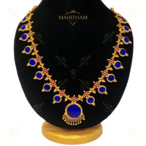 blue round stone necklace with ruby stone