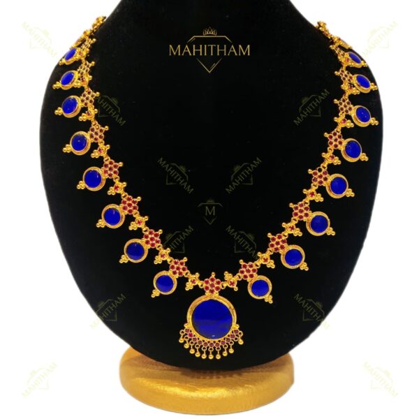 blue round stone necklace with ruby stone