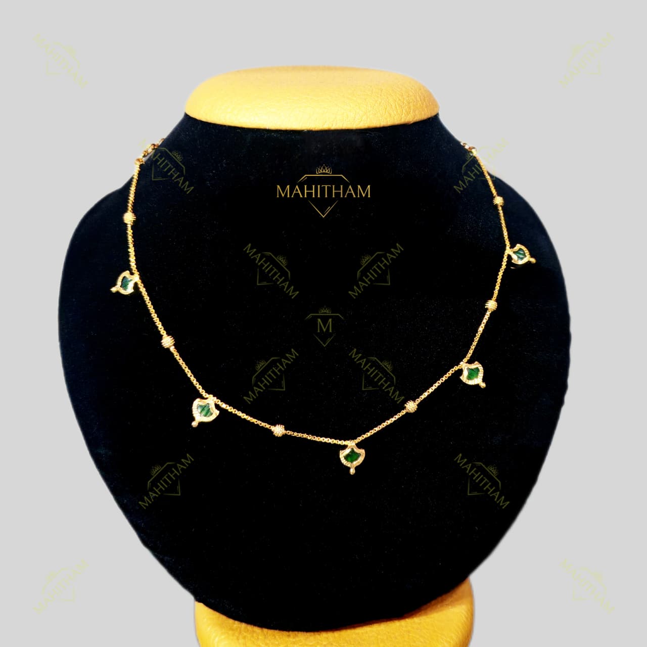 palakka short1 MG-2140: Green Palakka Short Necklace with Golden Ball Design