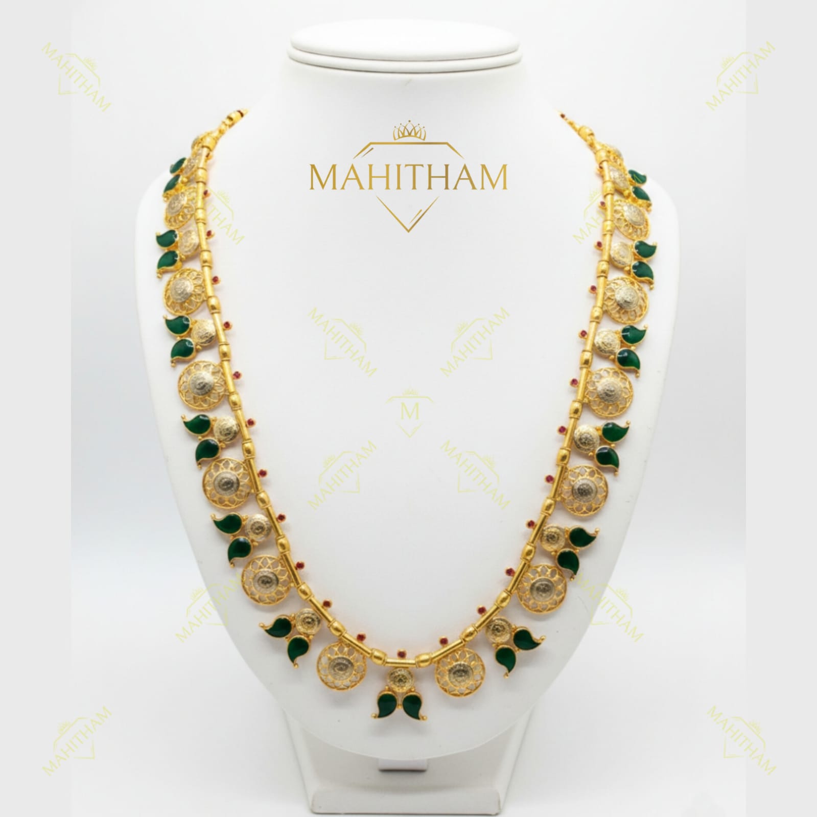 Traditional Coin Long Haram with Green Mango Stones – MG-2191
