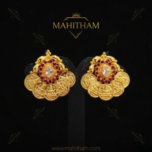 Lakshmi Coin Ear Stud MG-2203 with ruby and white AD stones in premium gold finish traditional temple jewellery design by Mahitham Jewellery.