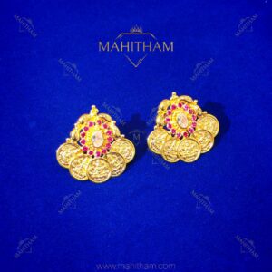 Lakshmi Coin Ear Stud MG-2203 with ruby and white AD stones design by Mahitham Jewellery.