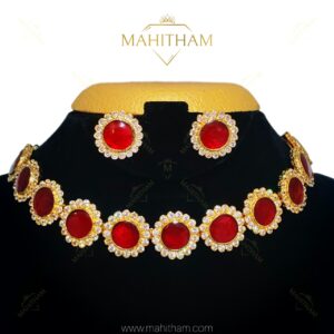 Red Round Stone Choker Set MG-2204 with white AD and red glass stones.