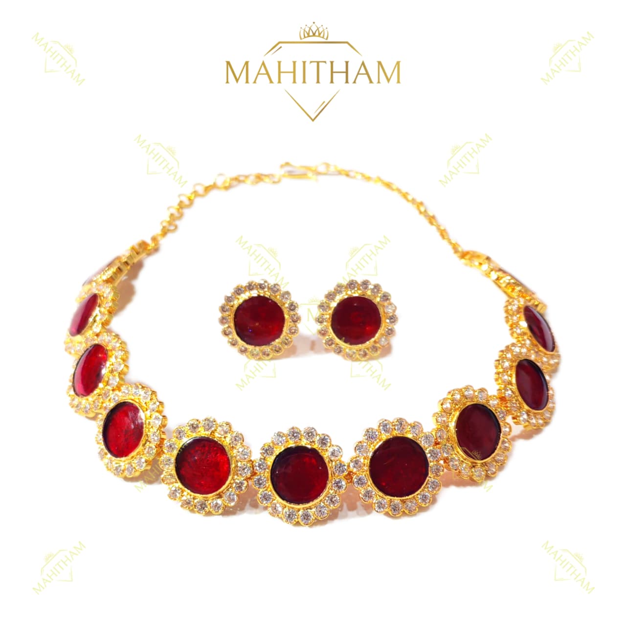 Red Round Stone Choker Set MG-2204 with white AD and red glass stones_1