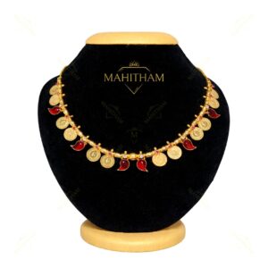 MG-2201 Mahitham red glass mango stone coin necklace with 2 coin 1 stone pattern
