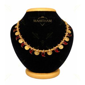 Mahitham MG-2202 red glass stone mango coin necklace with 1 coin 1 stone pattern