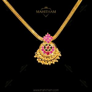 Mahitham MG-2208 star ruby pendent chain design 4 traditional handmade gold finish necklace with ruby stones and bead hangings